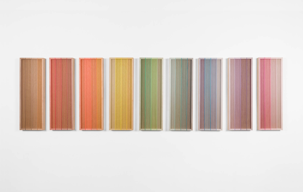 Brian Wills - Untitled (9 panel spectrum), 2021 - Single-strand thread on oak and maple - 36 x 12 in (each)
