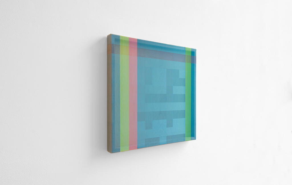 Brian Wills - Untitled (Vert/Hor. HT turquoise), 2021 - Single-strand thread on oak - 24 x 24 in